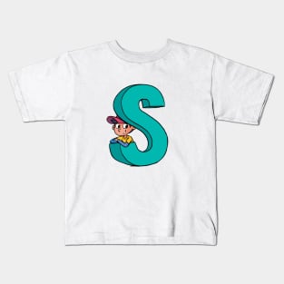 boy peeks out from the capital letter S Kids T-Shirt